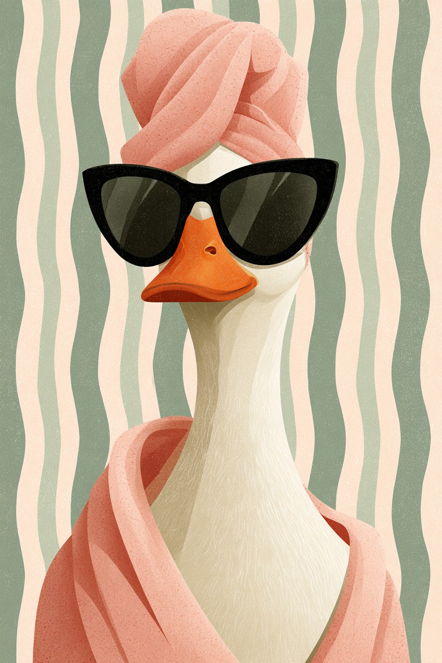 A poised goose in a towel turban and cat-eye sunglasses, looking utterly unbothered