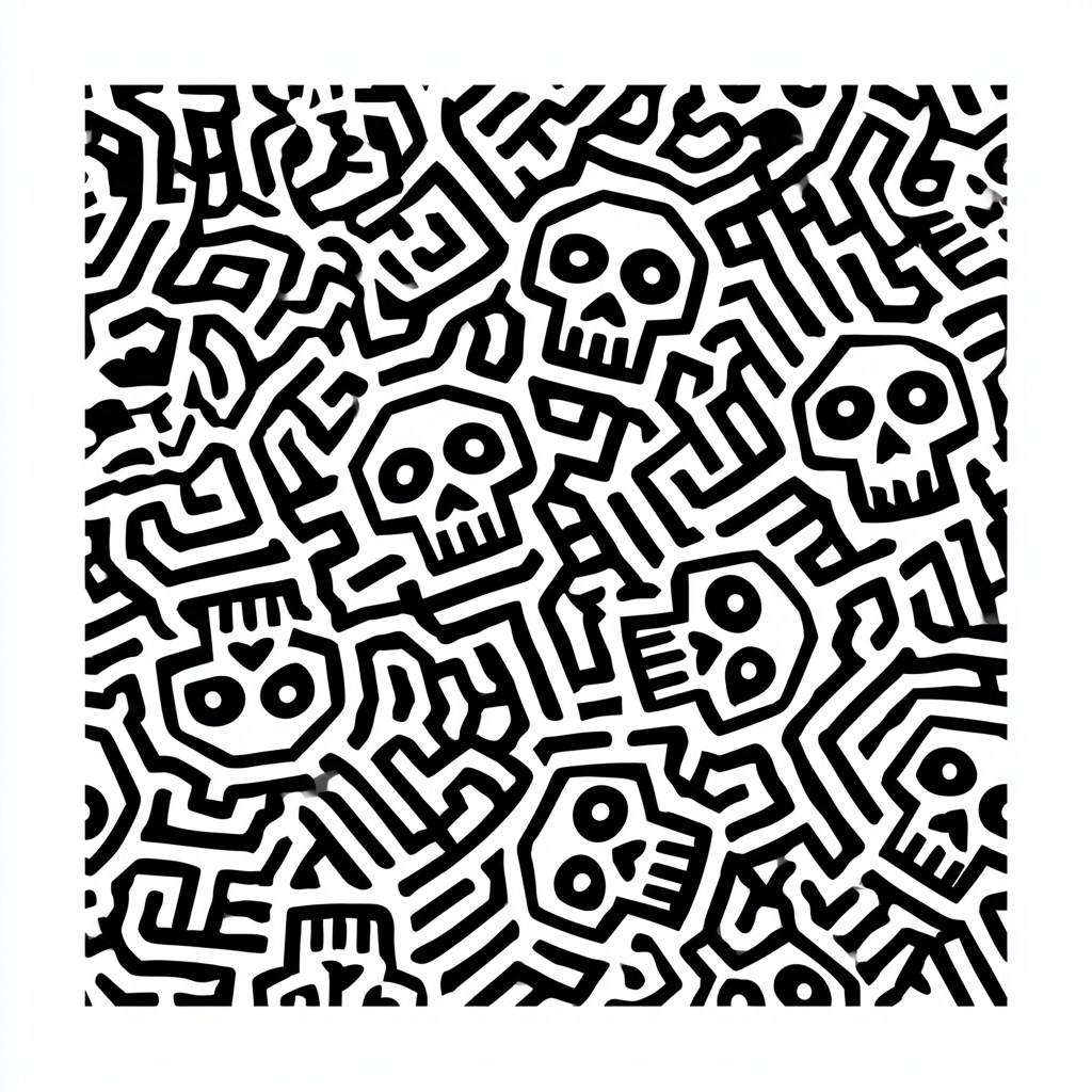A dense black-and-white doodle pattern of little skulls and tangled lines