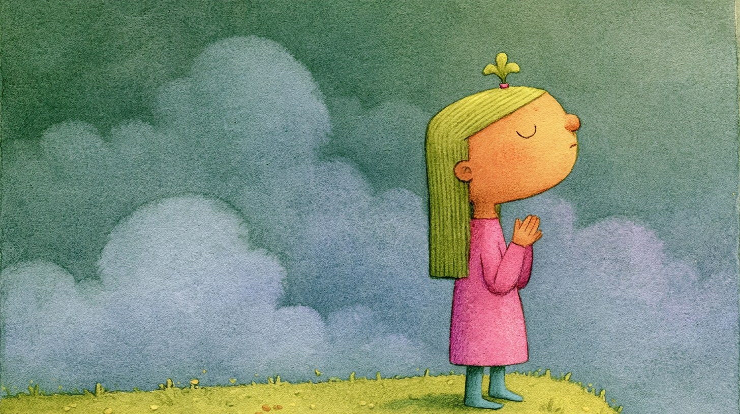 A small watercolor figure pausing on a hilltop, eyes closed, a hand to the chest, against soft clouds
