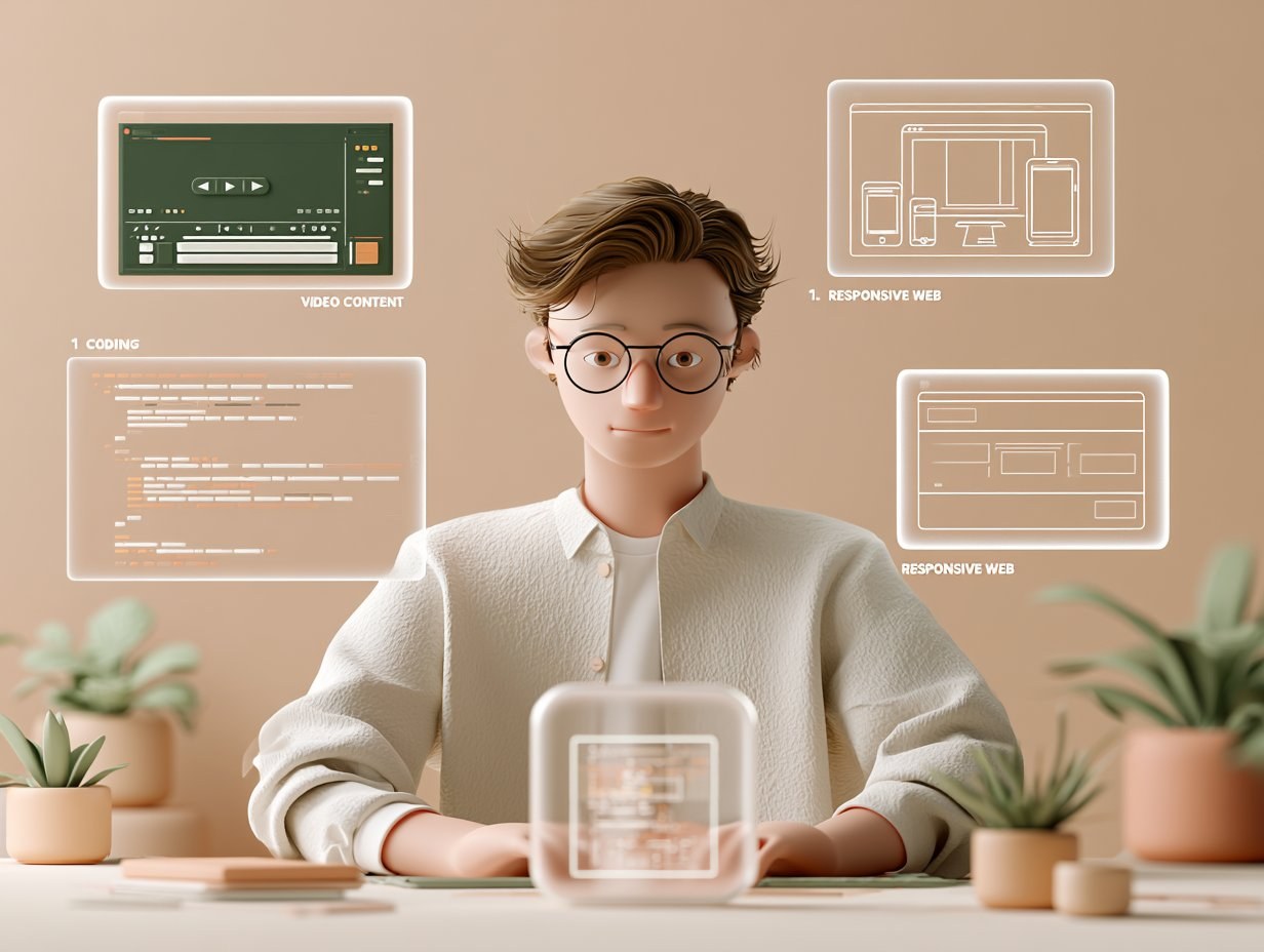 A focused professional at a desk surrounded by floating work panels