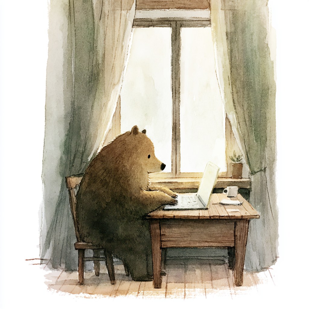 A bear at a small desk by a window, working on a laptop in the quiet of the day.