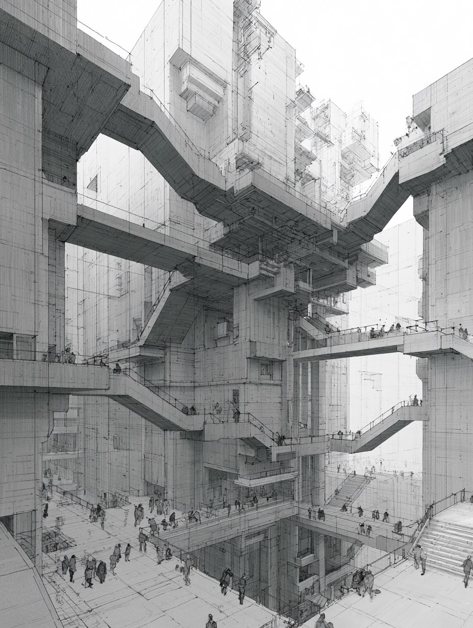 A labyrinthine concrete structure of staircases and walkways with tiny figures navigating its many levels