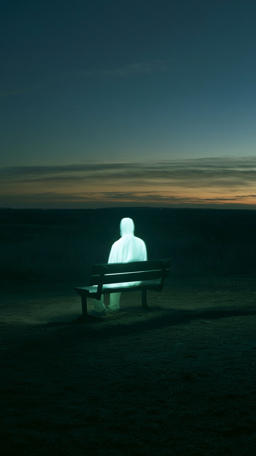 A solitary glowing figure on a park bench at dusk, facing a fading sunset