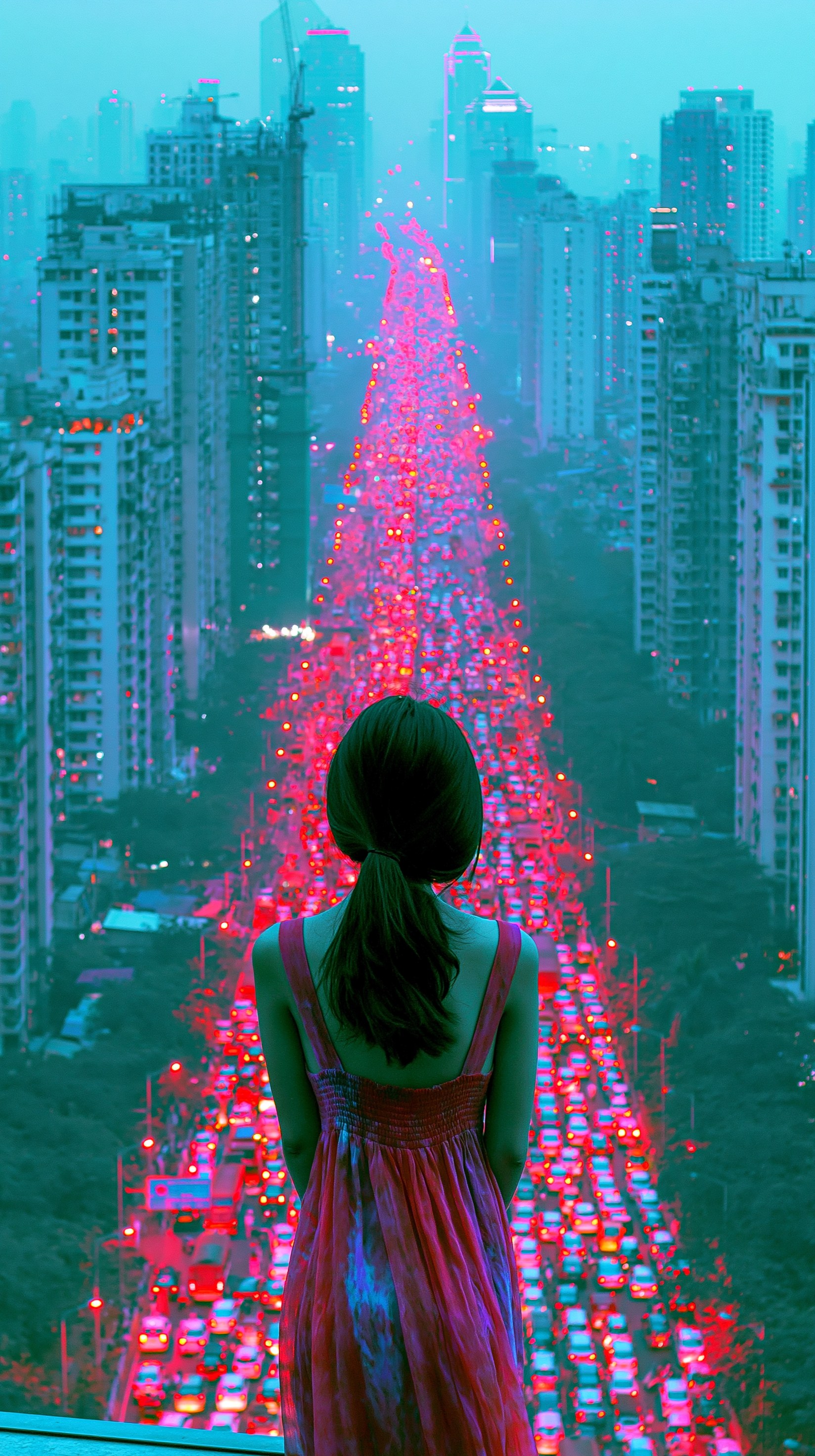 A woman on a balcony at dusk looking out over a vast city and a river of red traffic lights.
