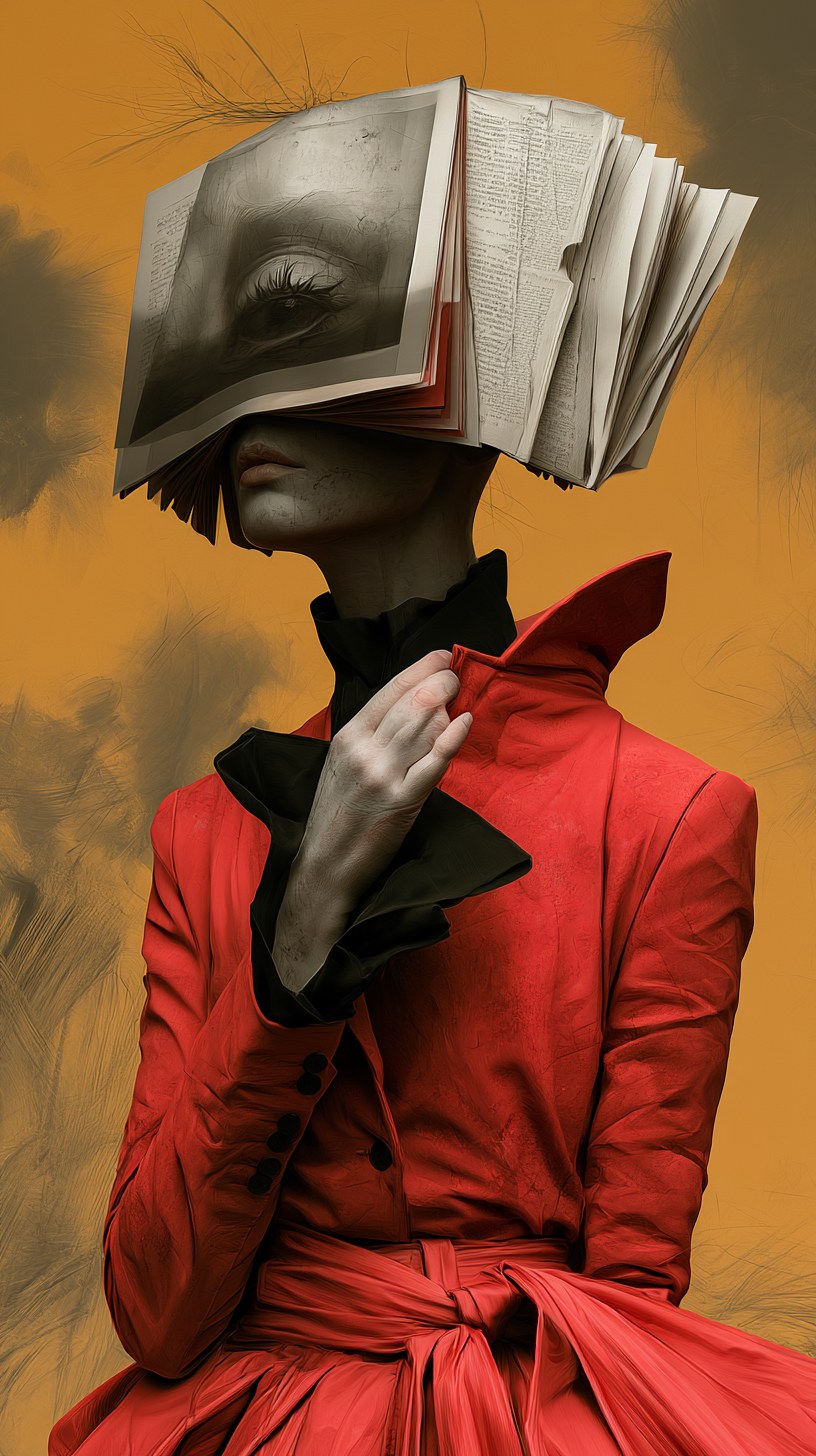 A surreal portrait of a figure in a red coat, an open book obscuring their face, against an ochre sky.