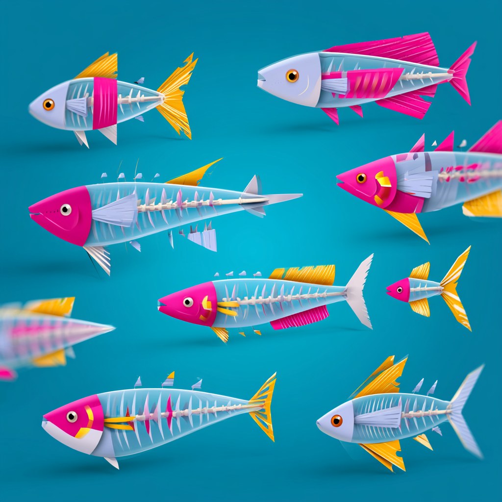Bright, translucent x-ray-style fish drifting against a deep teal background