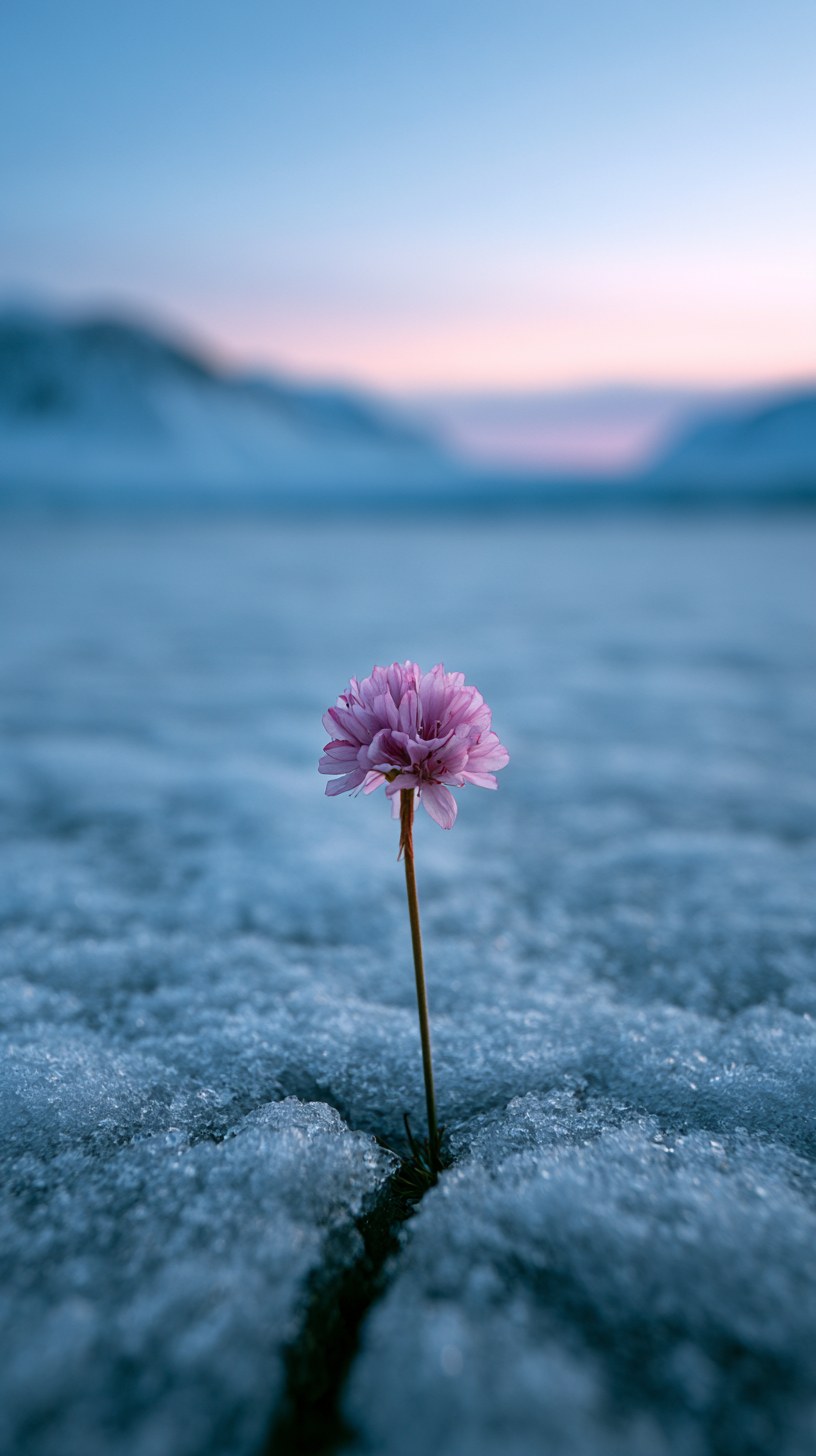 A single pink flower rising from a crack in frozen ground at dusk, blurred mountains behind.