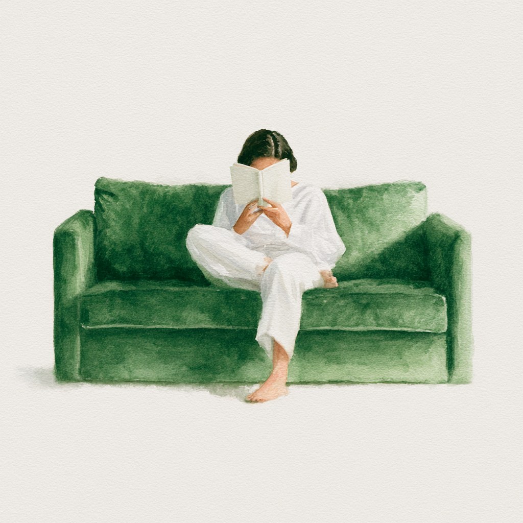 A watercolor of someone curled up reading on a green couch, fully at ease