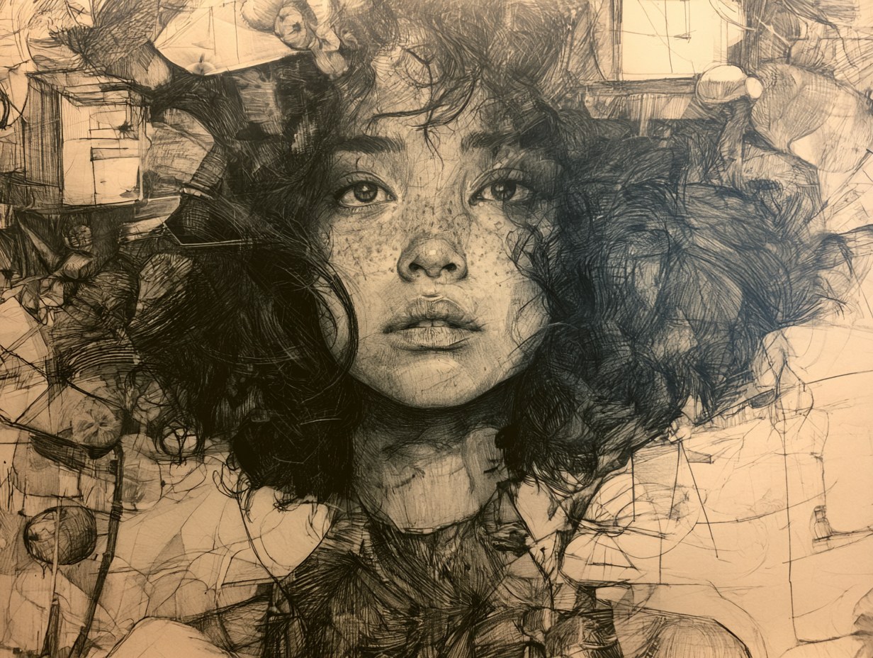 A detailed pen-and-ink portrait of a woman, her hair dissolving into a swirl of sketched fragments.