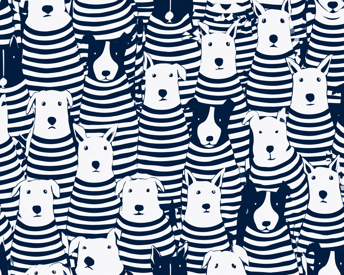 A dense, cheerful crowd of cartoon dogs in matching striped sweaters